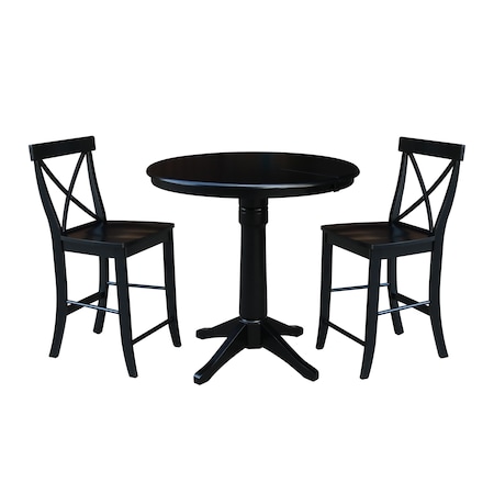 International Concepts Round 36 in Rd Extension Dining Table 34.9 inH, 2 X-Back Counter Ht Stools, Black, 36 in W, 48 in L K46-36RXT-27B-S6132-2